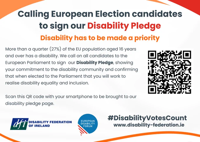 Disability Pledge Postcard with our logo and that of the EDF and a QR code for scanning into a smart phone. Heading is 'Calling European Election candidates to sign our disability pledge'. 