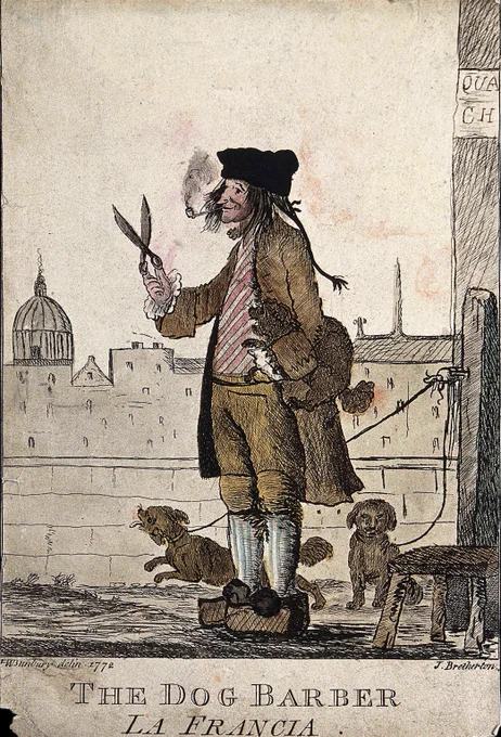 James Bretherton after Henry William Bunbury, The Dog Barber. La Francia (1772), coloured etching (Wellcome Collection). The image shows a pipe-smoking 'dog barber' wielding scissors with a number of dogs around his ankles.