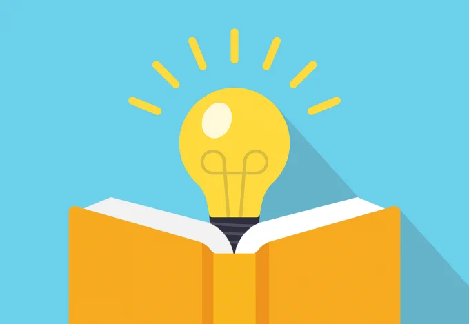 Minimalist illustration of a switched-on light bulb reading a book