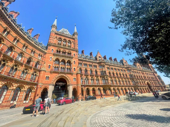 The delightful St Pancras station, taken from outside. Featuring lovely red brick work and clock tower