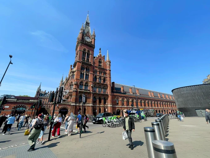 The delightful St Pancras station, taken from outside. Featuring lovely red brick work and clock tower