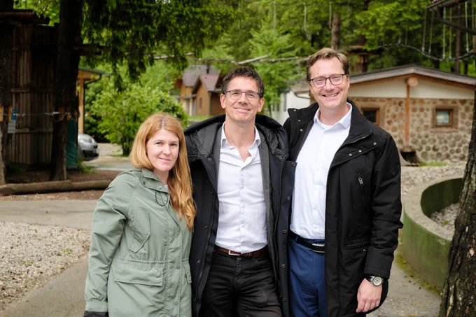 Photo of Urša Zgojznik, Bas Eickhout and Vladimir Prebilič in Camp Menina in Slovenia.