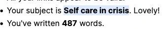 A screengrab of the buttondown pre-publish checks. The bullet point reads: Your subject is Self care in crisis. Lovely!
