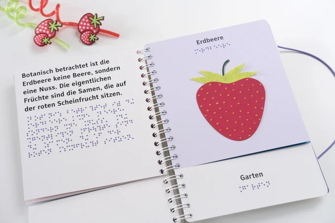 Aufgeschlagenes Ringbuch mit einer tastbaren Illustration rechts (Erdbeere), darunter das Wort "Garten" in Braille und Großdruck, linke Seite: Text in Braille- und Großschrift, links oben über dem Buch zwei Trinkhalme mit Erdbeer-Applikationen.