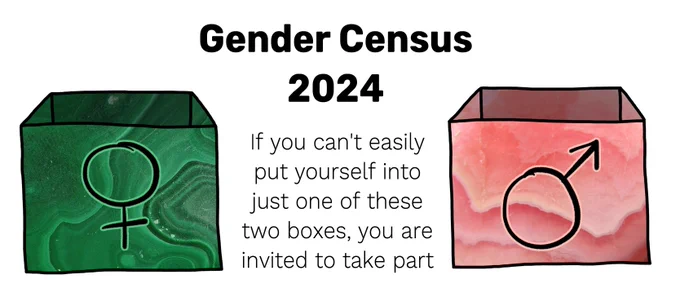 Title: Gender Census 2024.

Text: If you can't easily put yourself into just one of these two boxes, you are invited to take part.

Two boxes, one green malachite with a Venus symbol on it, one pink rhodochrosite with a Mars symbol on it.