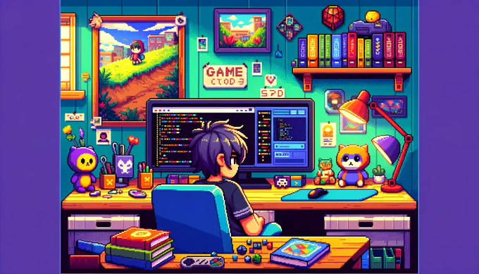 Un chico en su habitación aprendiendo a programar usando videojuegos.