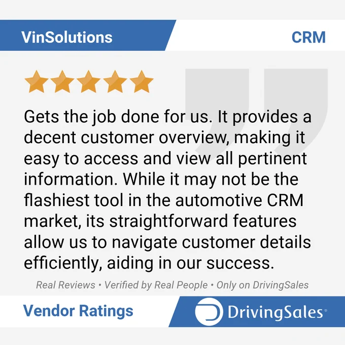 Customer review for VinSolutions CRM from DrivingSales.com, rated five stars. The text highlights its functionality in providing a decent customer overview and easy navigation, crucial for automotive CRM needs. The background is blue with a CRM label at the top.