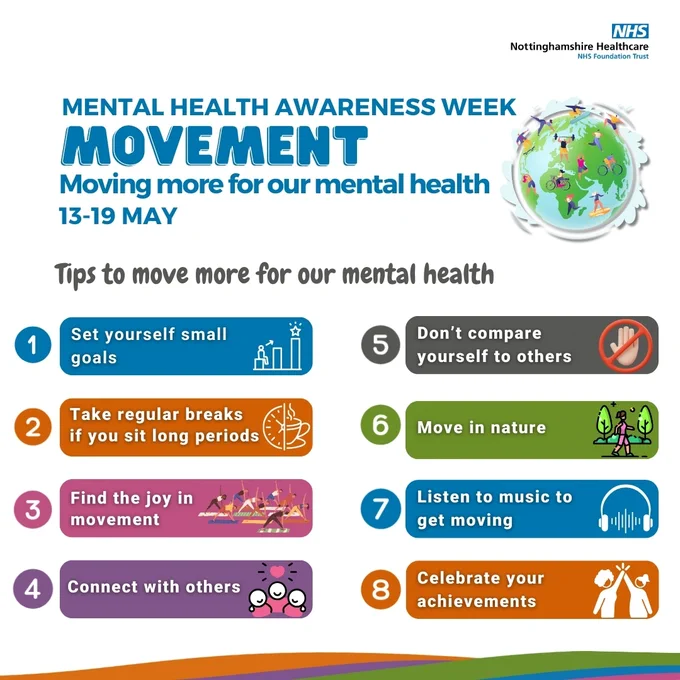 Graphics with tips to move for our mental health:
Set yourself small goals
Take regular breaks if you sit long periods
Find the joy in movement
Connect with others
Don’t compare yourself to others
Move in nature
Listen to music to get moving
Celebrate your achievements
