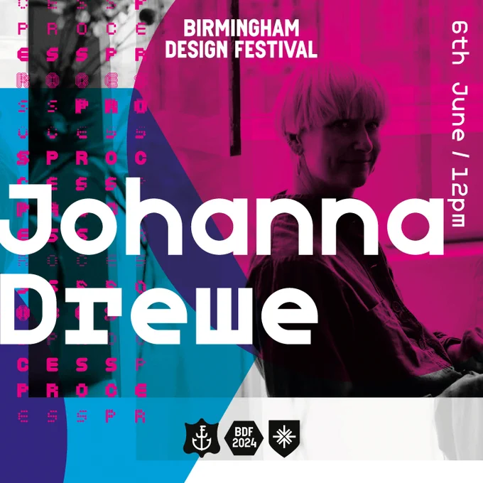 A title card for Johanna Drewe’s talk. A photo of Johanna in the studio is overlaid with cyan and magenta graphic shapes and bitmapped typography repeating the word 'process'.