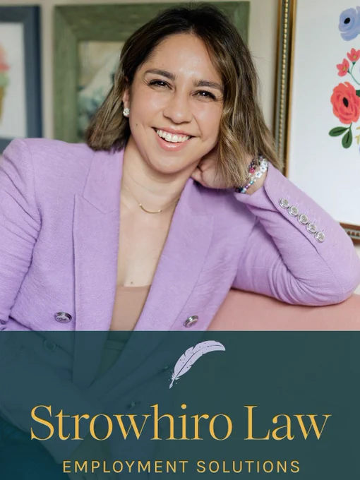 Photo of Michelle Strowhiro in a lavender blazer sitting on a pink couch with the yellow text below reading "Strowhiro Law, EMPLOYMENT SOLUTIONS" with a lavender quill above the text