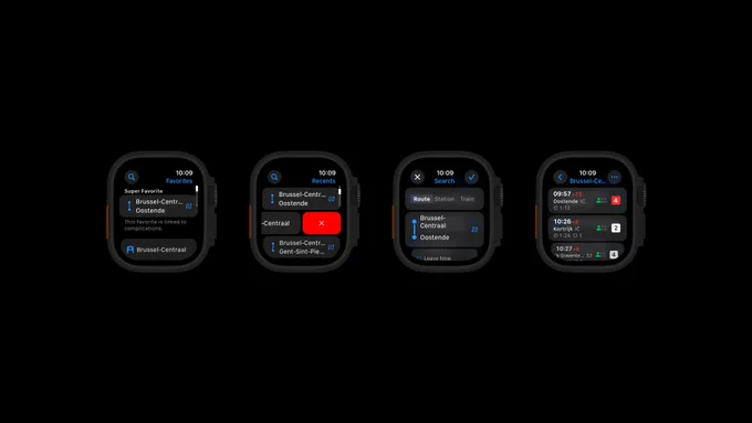 Four screenshots of Railer on Apple Watch:
1) Favorites
2) Recents, with one item showing the option to remove it
3) Search
4) Search results