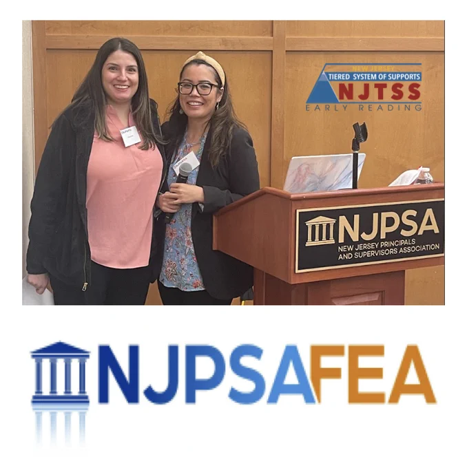 Image shows Rutgers team members, Jennifer Bender & Shana Lewis at the podium for the 3rd Annual NJPSA/FEA Summit on Multi Tiered Systems of Support.