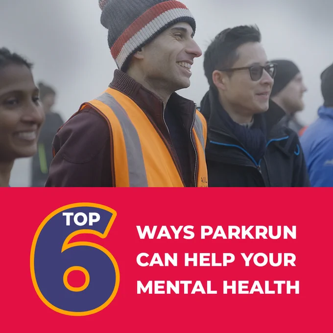 Graphic with image of Dr Hussain at parkrun and the following text below it in a text block - Top 6 ways parkrun can help your mental health