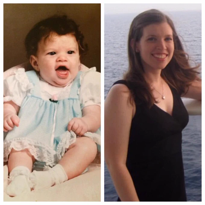 A photo of Colleen Ritzer as a baby next to a photo of her as an adult in a dress standing on a boat.