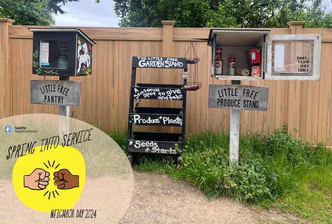 A photo of a little free pantry, garden stand, and produce stand with a graphic illustration of two hands bumping fists with text that says "Spring Into Service. Neighbor Day 2024"