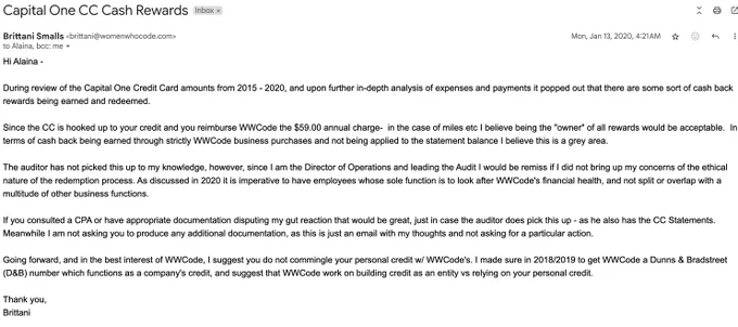 Paragraph #2 cont'd

I knew where all the skeletons were. 

I had 7 jobs! 

"In terms of cash back being earned through strictly WWCode business purchases and not being applied to the statement balance I believe this is a grey area."

4/