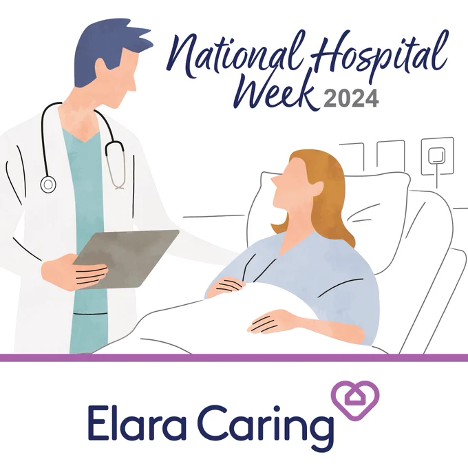 Drawing of a doctor visiting with a patient in a hospital bed. Text above the drawing says "National Hospital Week 2024"
