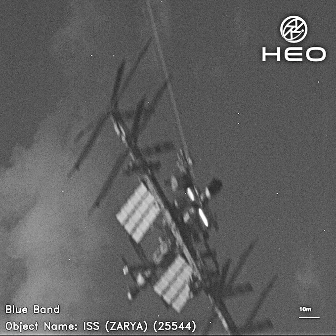 A resolved image of the International Space Station taken from another satellite in space.