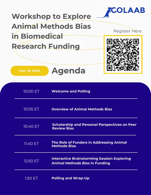 Agenda for the May 16, 2024 Workshop to Explore Animal Methods Bias in Biomedical Research Funding, hosted by the COLAAB:
10 ET: Welcome and Polling
10:05 ET: Overview of Animal Methods Bias
10:40 ET: Scholarship and Personal Perspectives on Peer Review Bias
11:40 ET: The Role of Funders in Addressing Animal Methods Bias
12:50 ET: Interactive Brainstorming Session Exploring Animal Methods Bias in Funding
1:50 ET: Polling and Wrap-Up