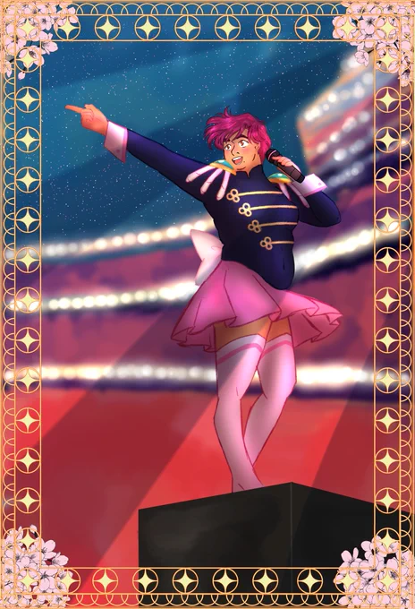 A digital painting of Aria Joie, striking a pose at the end of a stage as she plays a sold out stadium show. She represents the fool tarot card. 