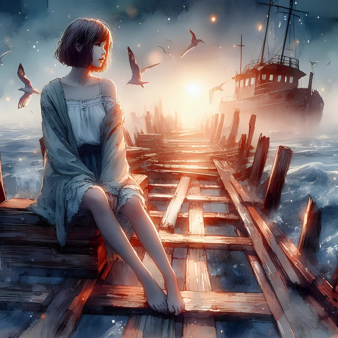 A beautiful girl with short hair, sitting sideways on a wooden door wreckage drifting in the open sea, twilight, fog, lights in the fog, rim light, vintage wet-on-wet watercolor painting 