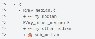A tree structure of a package with the list of files and functions in it. An emoji indicates if the function is exported or not