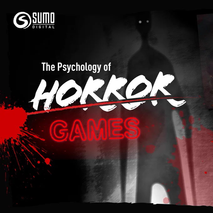 Black background with a shadow with the writing 'The Psychology of Horror Games' and a blood splatter