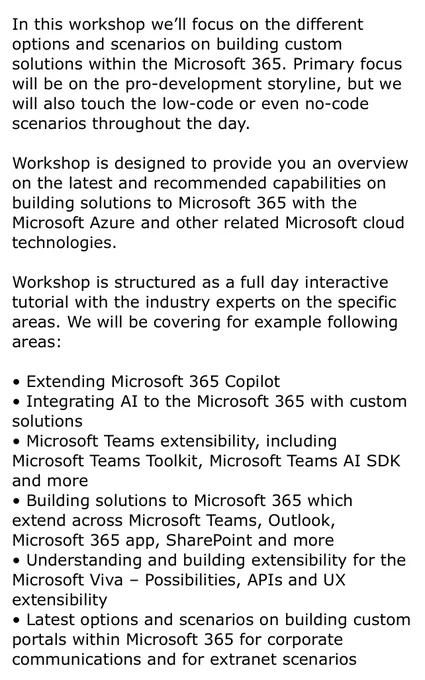 Abstract for the “Building experiences for Microsoft 365” tutorial at Collab Summit in Wiesbaden, Germany.