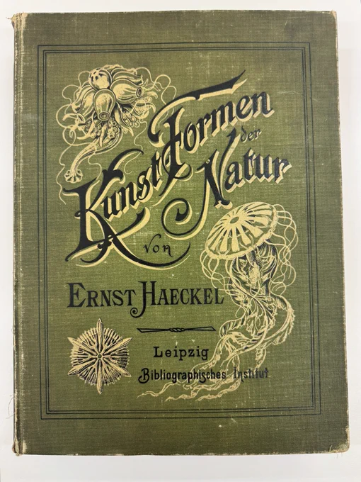 Photo of Kunstformen der Natur green cloth cover, It features gold and black illustrations of jelly Fish