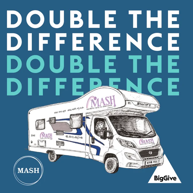 Graphic 'double the difference' with a line drawing of the MASH camper van on a blue background
