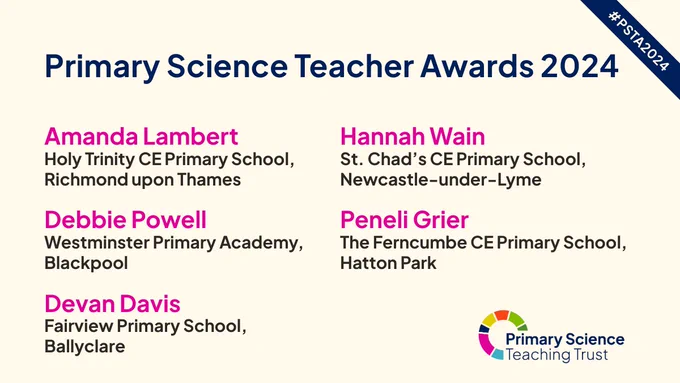 Amanda Lambert 
Holy Trinity CE Primary School, Richmond upon Thames
 
Debbie Powell 
Westminster Primary Academy, Blackpool
 
Devan Davis 
Fairview Primary School, Ballyclare
 
Hannah Wain 
St. Chad’s CE Primary School, Newcastle-under-Lyme
 
Peneli Grier 
The Ferncumbe CE Primary School, Hatton Park