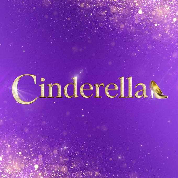 Cinderella is written in sparkly gold writing, on a bright purple background with gold glitter. A gold shoe shines next to the text.