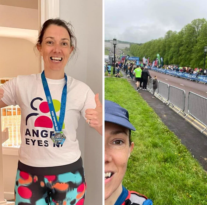 Left image shows Julie-Anne wearing an Angel Eyes Ni T-shirt with her marathon medal around her neck and the right image shows Julie-Anne getting ready to start the marathon