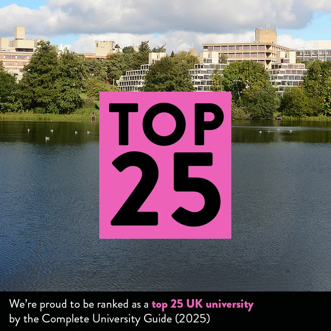 Top 25 in black letters with a pink background, over a picture of the UEA broad and the UEA concrete buildings behind with the words 'We're proud to be ranked as a top 25 University by the Complete University Guide' (2025)' at the bottom on a black banner
