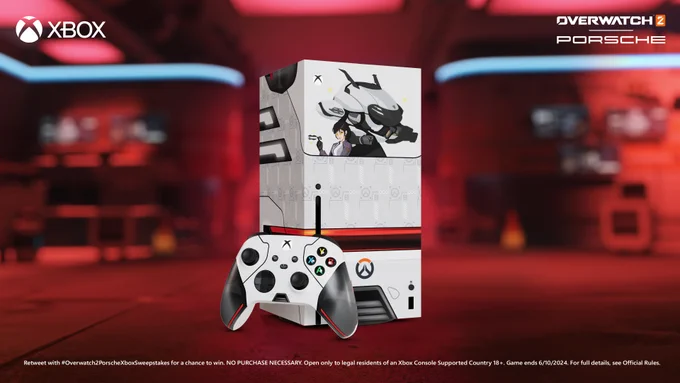Image of a custom Xbox Series X console and controller, themed with Overwatch 2 and Porsche, on a blurred red background. The Xbox logo is displayed in the top left corner, with the Overwatch 2 and Porsche logos in the top right corner. Text in the lower third of the image reads "Retweet with #Overwatch2PorscheSweepstakes for a chance to win. NO PURCHASE NECESSARY. Open only to legal residents of an Xbox Console Supported Country, 18 . Game ends 6/10/2024. For full details, see Official Rules."