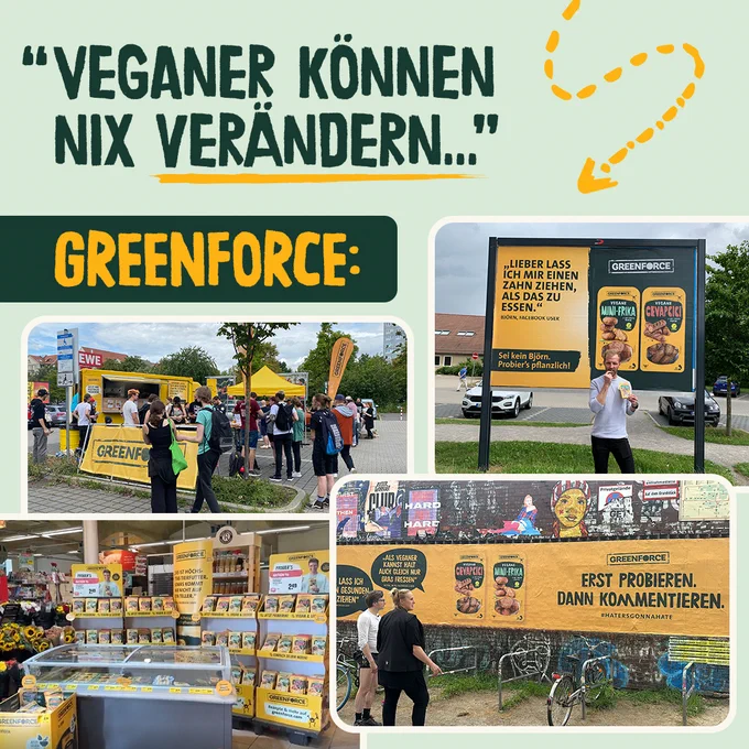 Auf dem Bild ist zu sehen, was GREENFORCE schon alles bewirkt hat und wieviele Personen schon erreicht wurden & etwas veganes probiert haben.
