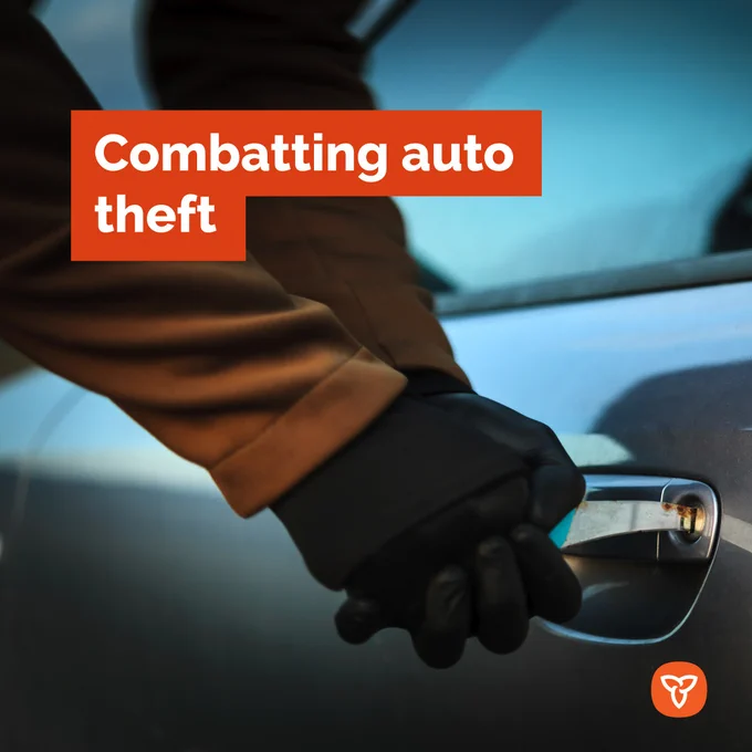 photo of gloved hands attempting to break into a car door, with text: combatting auto theft