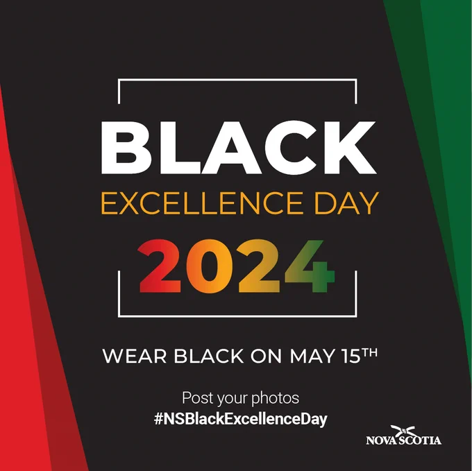 A graphic with a black background, red vertical stripes on the left, green vertical stripes on the right. In the centre is white and multi-coloured text that says "Black Excellence Day 2024: wear Black on May 15th. Post your photos #NSBlackExcellenceDay".