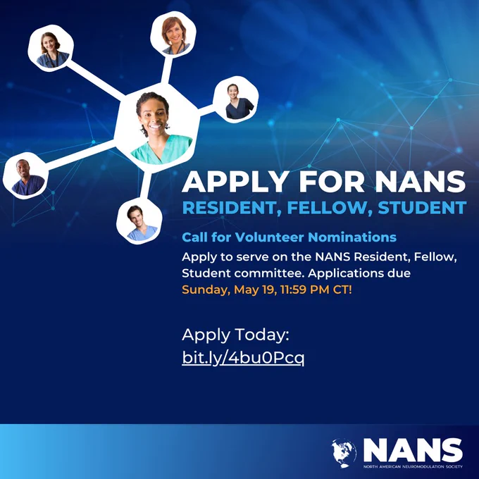 Apply for NANS Resident, Fellow, Student
Call for Volunteer Nominations – Apply to serve on the NANS Resident, Fellow, Student committee. Applications due Sunday, May 19, 11:59 PM CT.

Apply today: bit.ly/4bu0Pcq

Visual web showing a network of young medical professionals/providers
