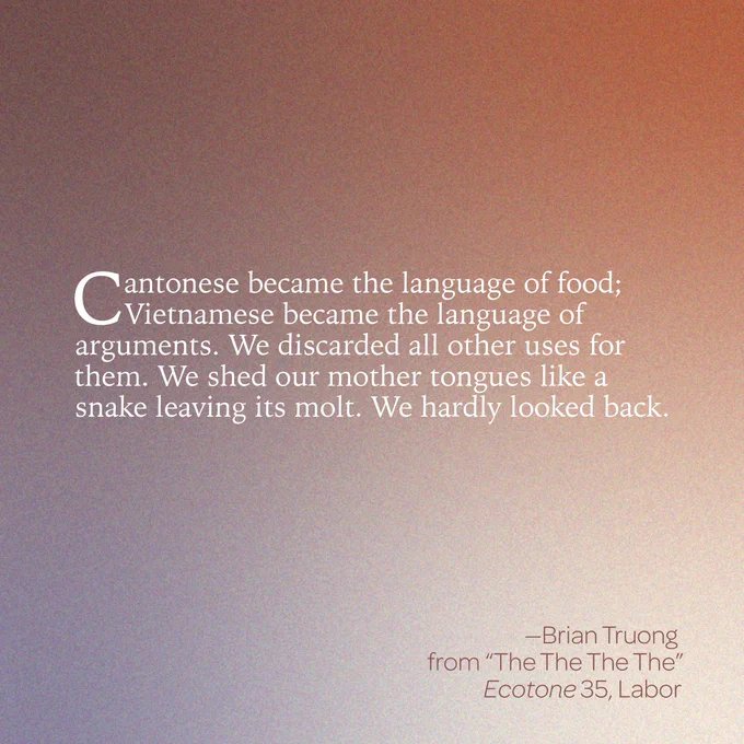 “Cantonese became the language of food; Vietnamese became the language of arguments. We discarded all other uses for them. We shed our mother tongues like a snake leaving its molt. We hardly looked back.” 
--Brian Truong 
from “The The The The” 
Ecotone 35, Labor 