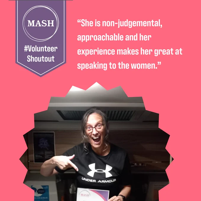 Volunteer smiling pointing at their certificate with caption, “She is non-judgemental, approachable and her experience makes her great at speaking to the women."