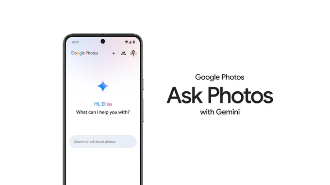 A phone sits on the left side of the image, showing Ask Photos UI on screen, with a prompt area and blue spark logo. The right side of the screen says “Google Photos Ask Photos with Gemini”