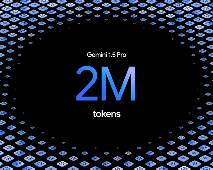  A series of blue multimodal tiles surrounding text that reads “Gemini 1.5 Pro 2M tokens”