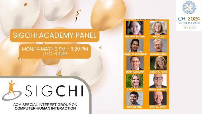Banner for sigchi awards, bottom left is the SIGCHI logo, top right is the CHI2024 logo, background image shows balloons and pictures of the winners