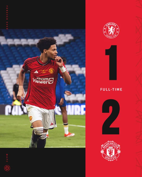 Picture of Ethan Williams after scoring our second goal at Stamford Bridge. Full time: Chelsea 1 United 2 in the U18s Premier League National final!