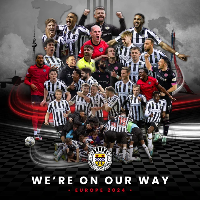 A collage featuring St Mirren first-team players that read 'We're on our Way' to celebrate our European qualification.