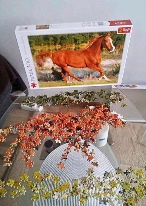 a puzzle of a trotting horse but the pieces used to complete the horse have just been piled in a horse-shape