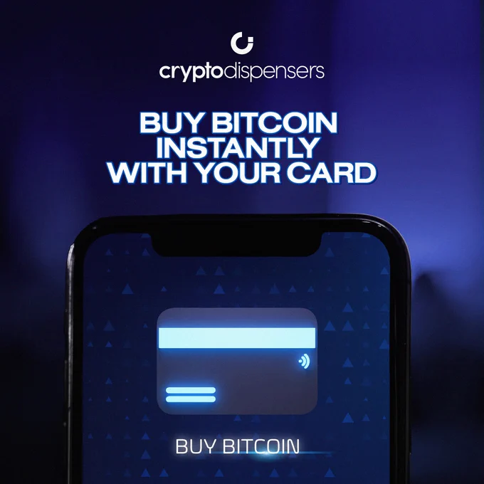 Smartphone screen displaying the option to buy Bitcoin instantly using a credit or debit card on Crypto Dispensers' platform.