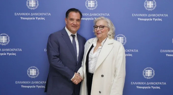 Health Minister of Greece Adonis Georgiadis with Anna Panga, the first patient in Greece to be prescribed medical cannabis 