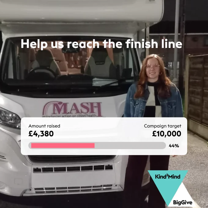 [Image ID: A smiling MASH volunteer with long red hair and glasses standing next to the current MASH camper van at night time. A graphic shows amounts raised £4,380 of £10,000. 44%]